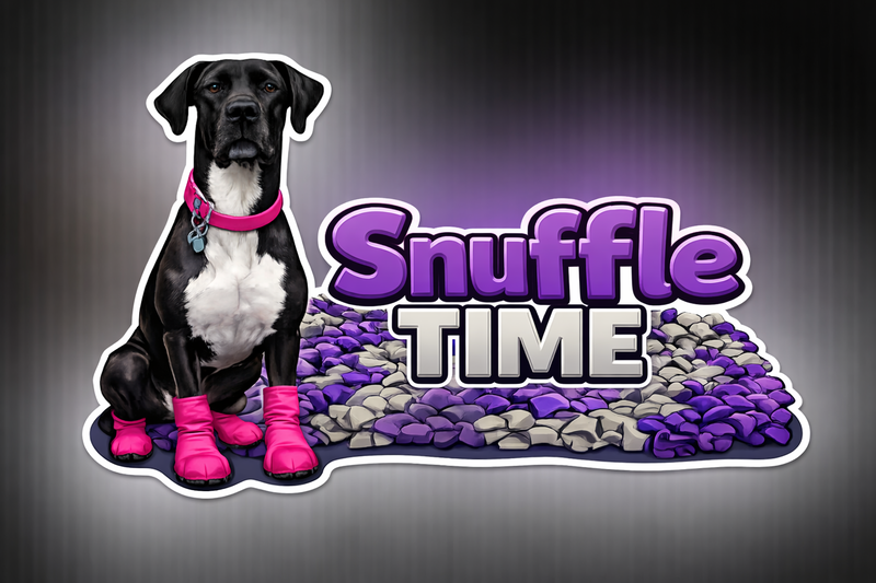 Snuffle TIME logo featuring a black Great Dane in pink boots